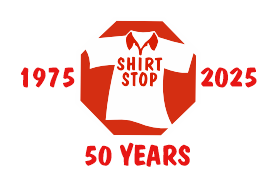 A red and white logo that says shirt stop 50 years