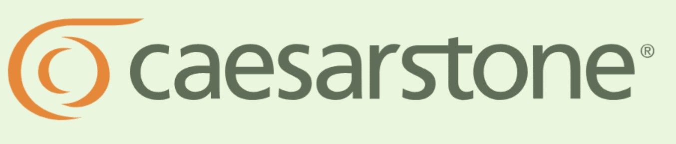 Caesarstone logo with an orange spiral design on the left and the brand name in a green-gray font.