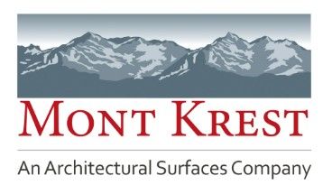 Logo for Mont Krest, an architectural surfaces company, with a mountain range backdrop and text.