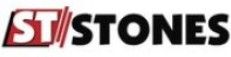 Logo for ST Stones, black text with red