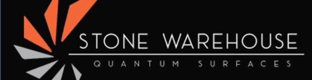 Logo for Stone Warehouse, features orange and gray abstract shapes, the company name in white, and