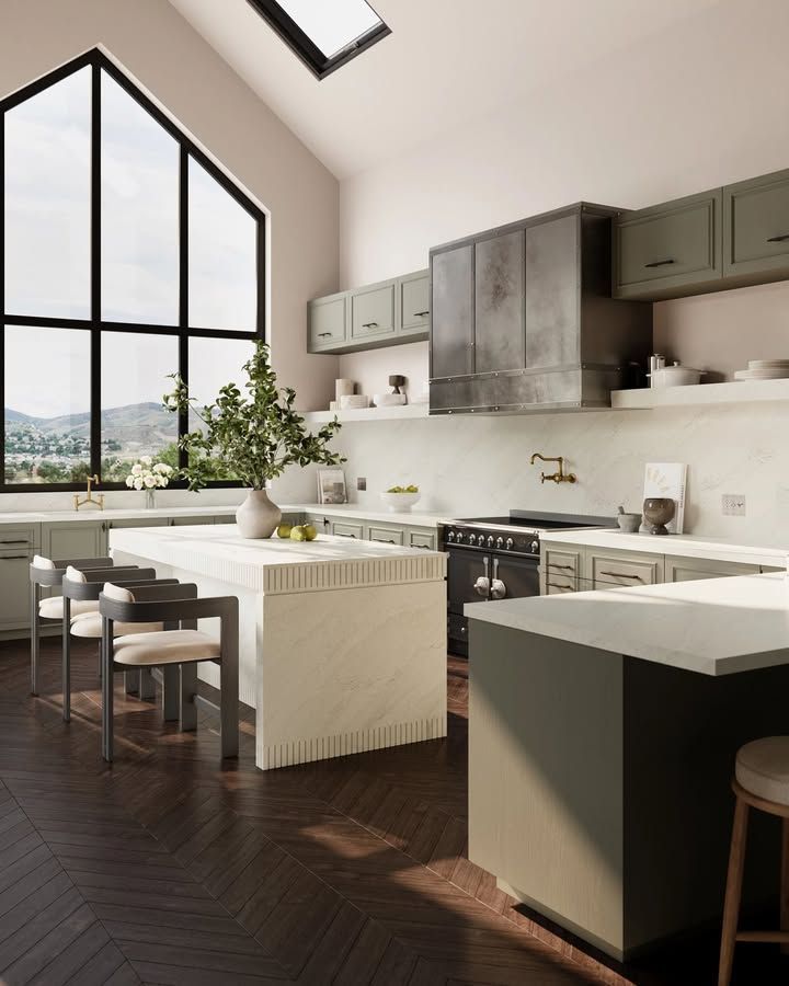 Modern kitchen with large windows, island, dark wood floor, and green cabinets.