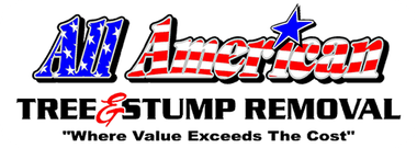 All American Tree Stump Removal logo with blue and red text and a green tree graphic