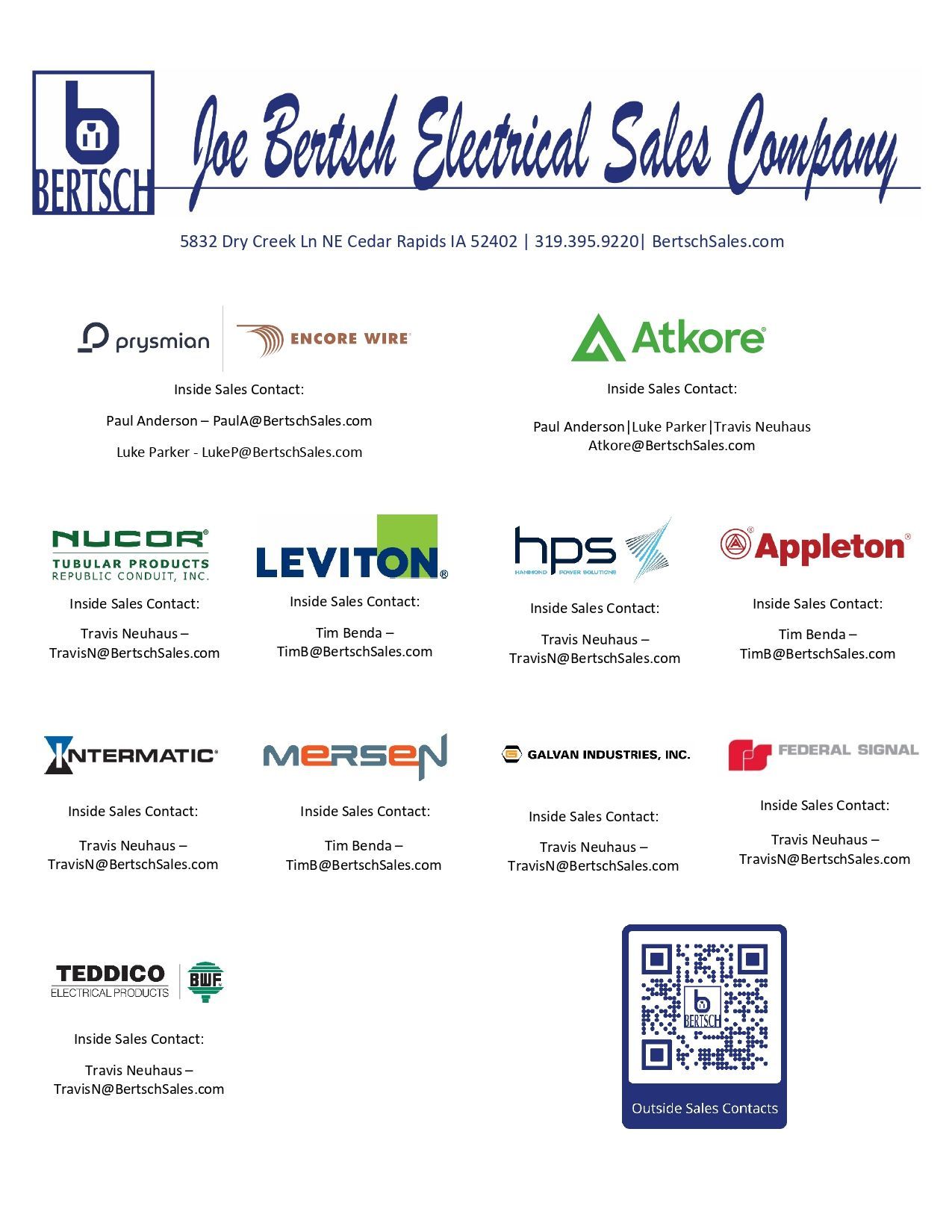Electrical sales company flyer with multiple brand logos and a QR code on a white background