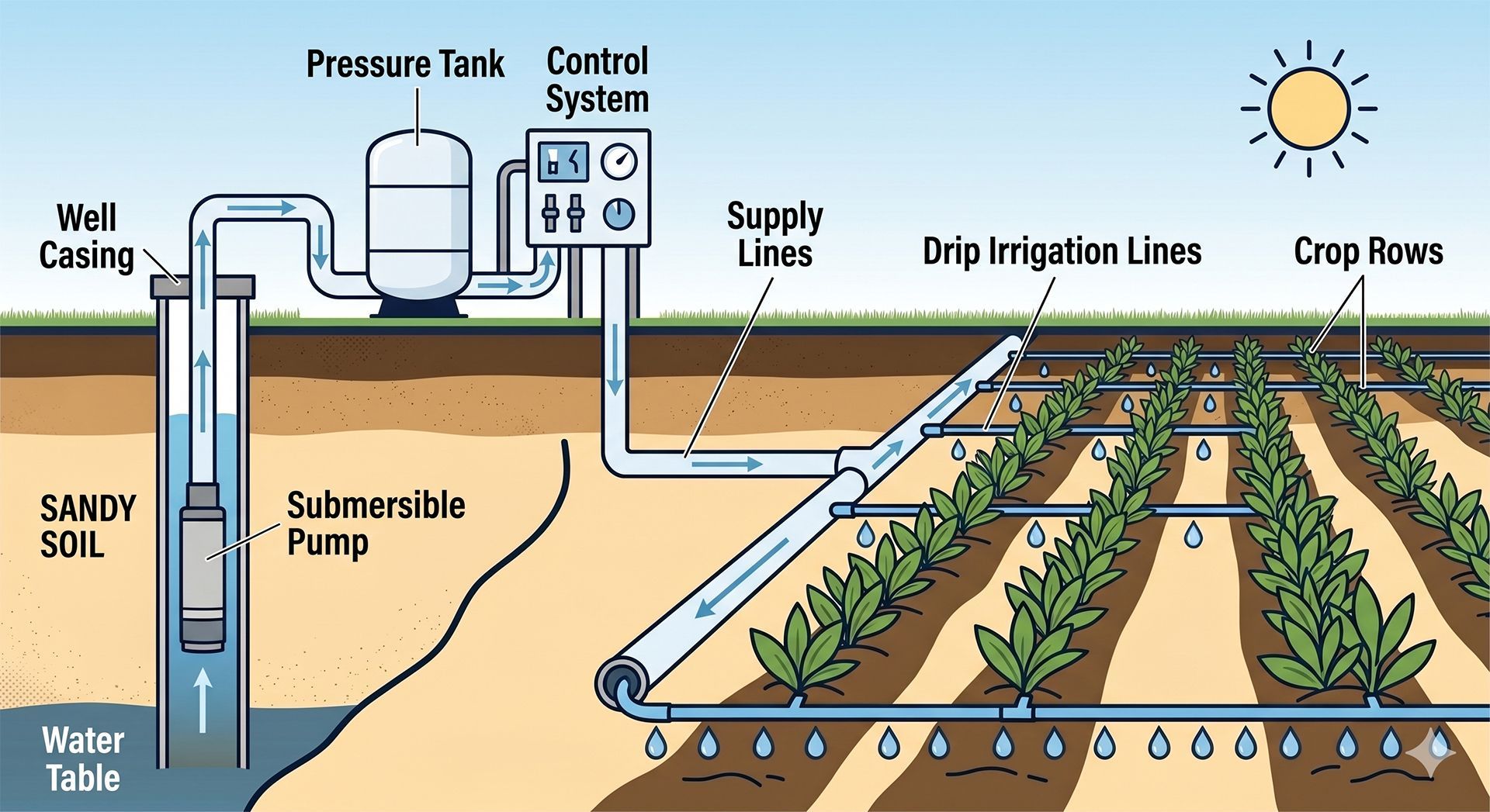 Diagram of drip irrigation system with pump, tank, control unit, supply lines, and crop rows in sandy soil
