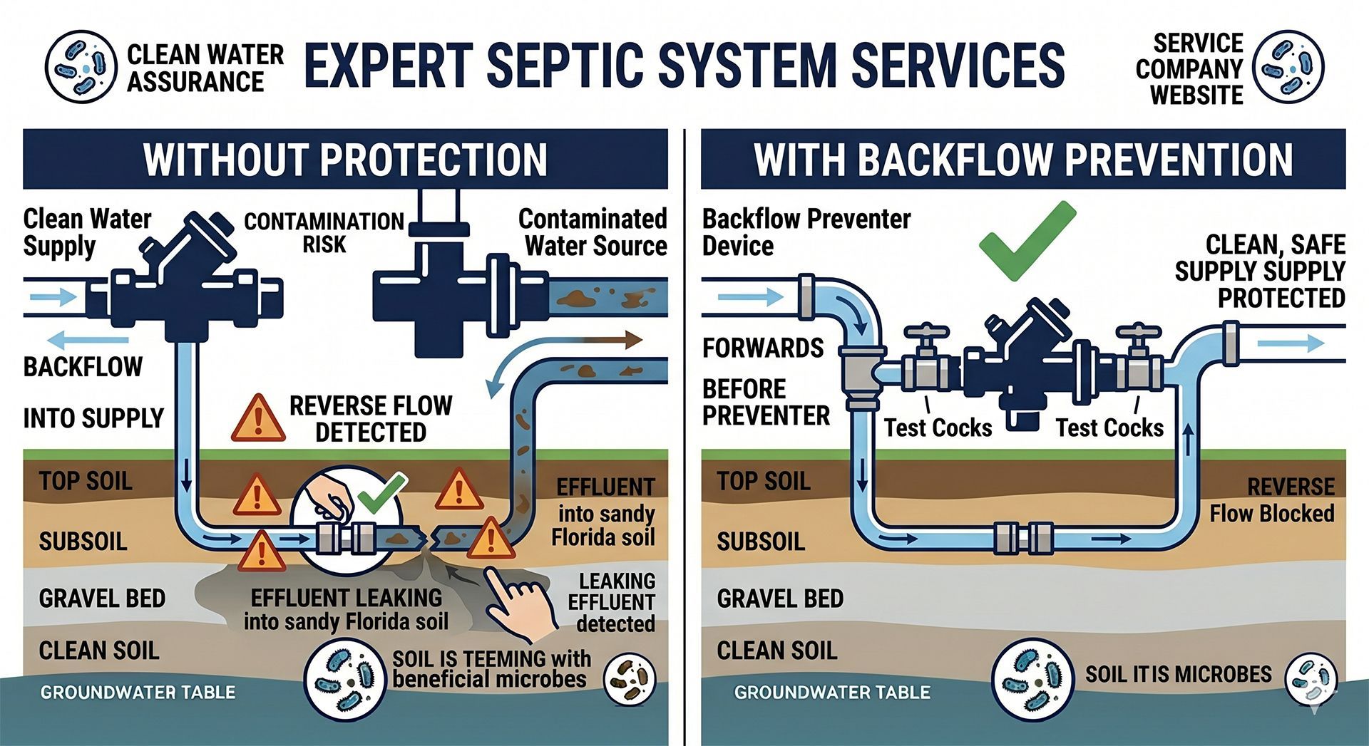 Infographic comparing septic system care without protection vs with backflow prevention, showing improved flow.