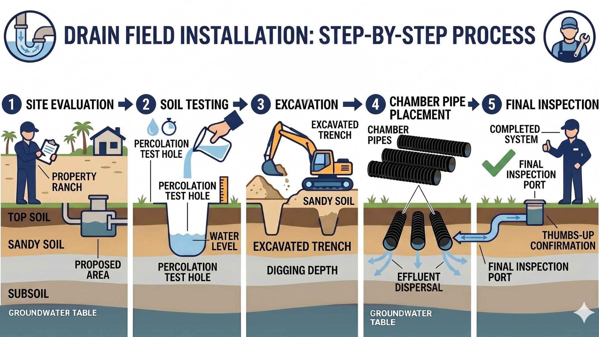 Drain field installation infographic showing soil test, excavation, chamber pipe placement, and final inspection