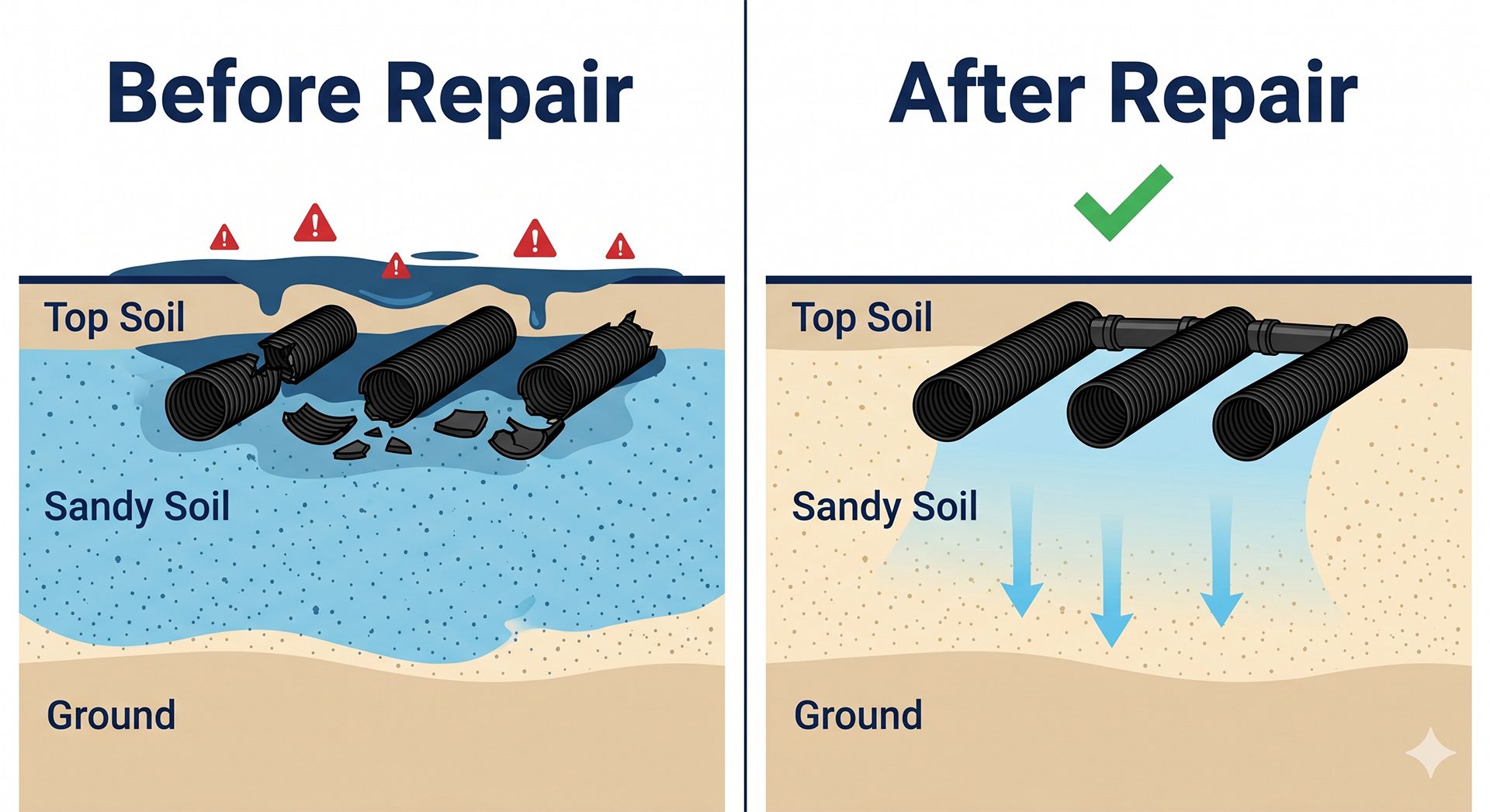 Before and after repair diagram of cracked topsoil over sandy soil, showing erosion fixed and stabilized.