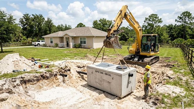 Excavator digging at a sandy construction site beside a house, with a utility box in the foreground.