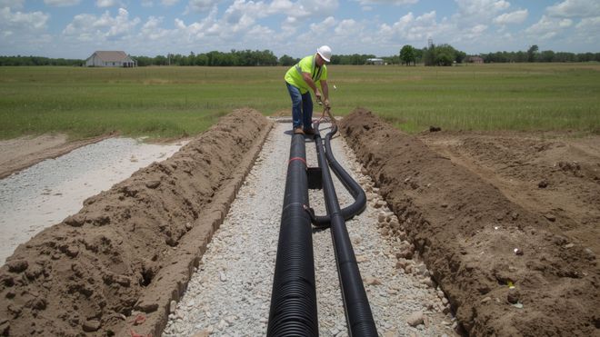 Worker installing black pipes in a gravel trench between dirt embankments in a field