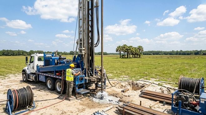 Blue drilling rig at a rural well site, with workers and equipment in a grassy field under a partly cloudy sky