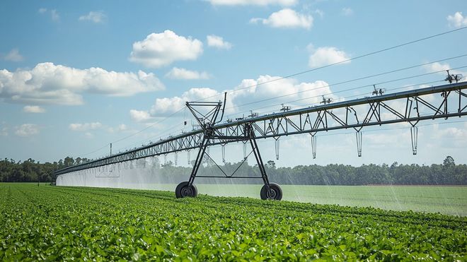 Center pivot irrigation spraying water over a green crop field under a blue sky