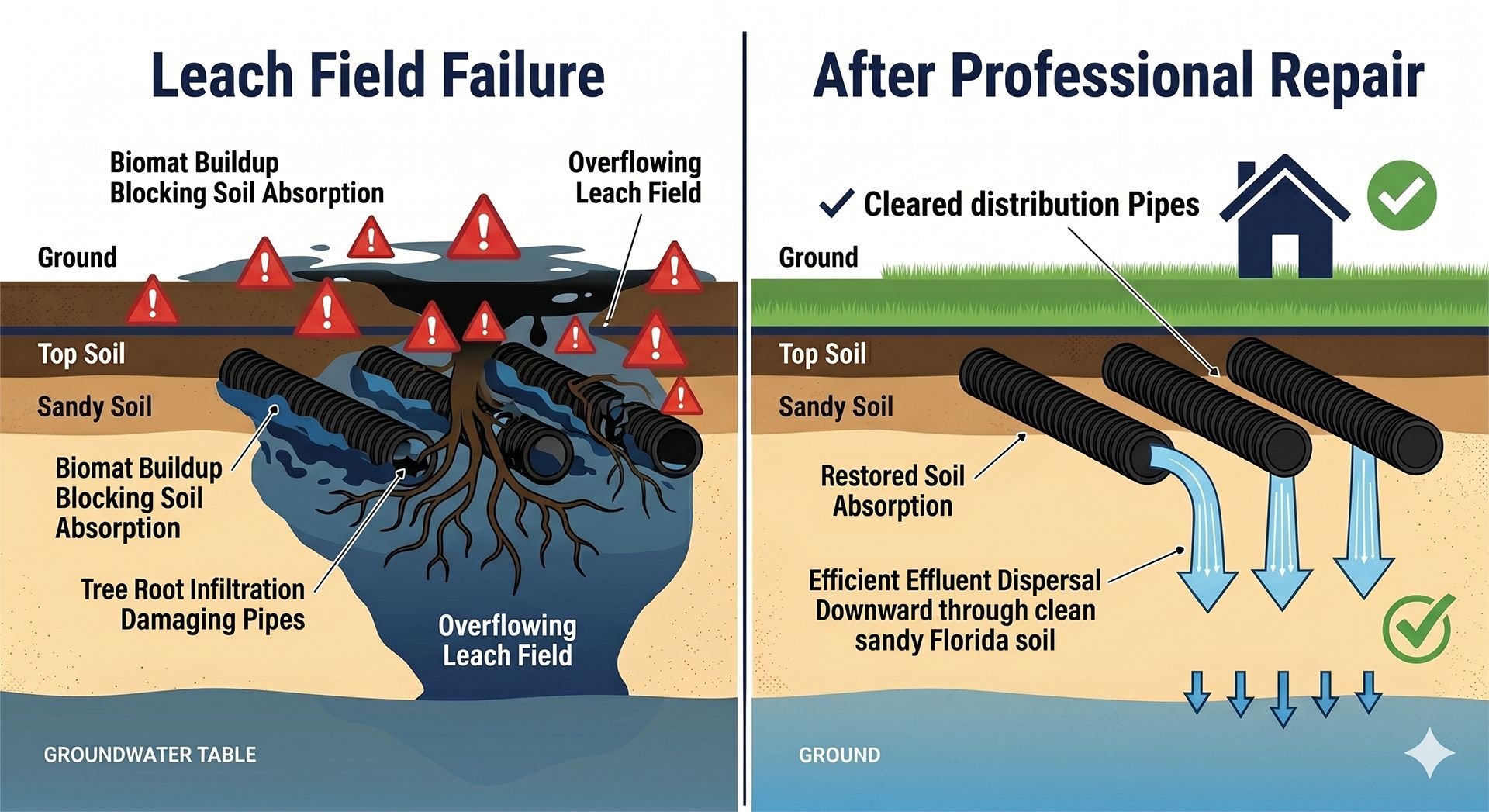 Leach field failure and professional repair diagram showing broken vs fixed septic drainage layers in cross-section