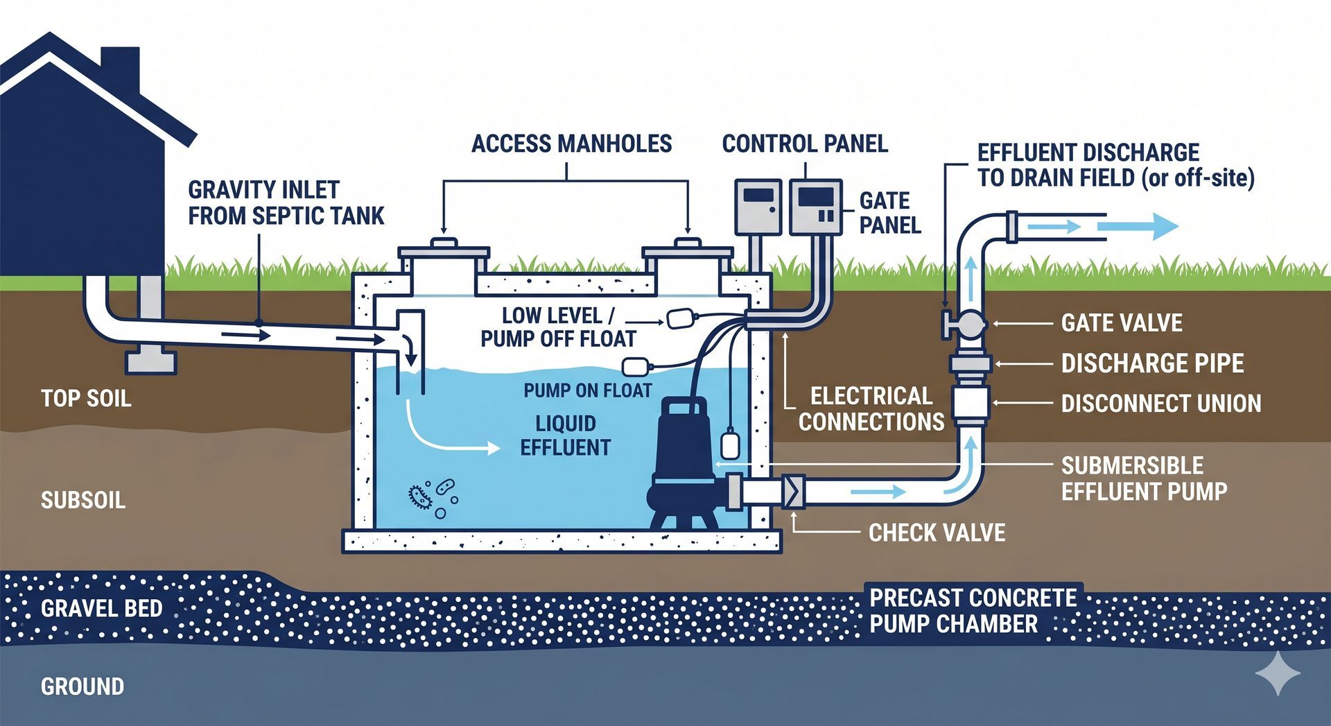 Diagram of a geothermal heating and cooling system with underground well, pipes, and labeled components.