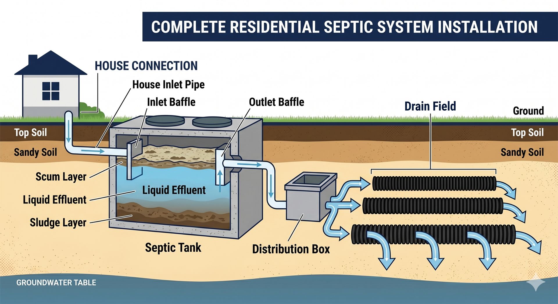 Diagram of a complete residential septic system installation, showing house, septic tank, distribution box, and drain field.