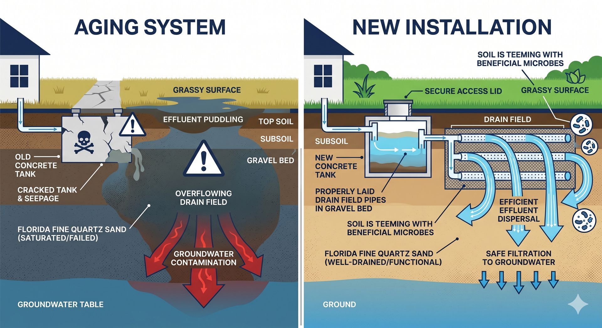 Side-by-side diagram comparing aging system and new installation with water flow and infrastructure labels