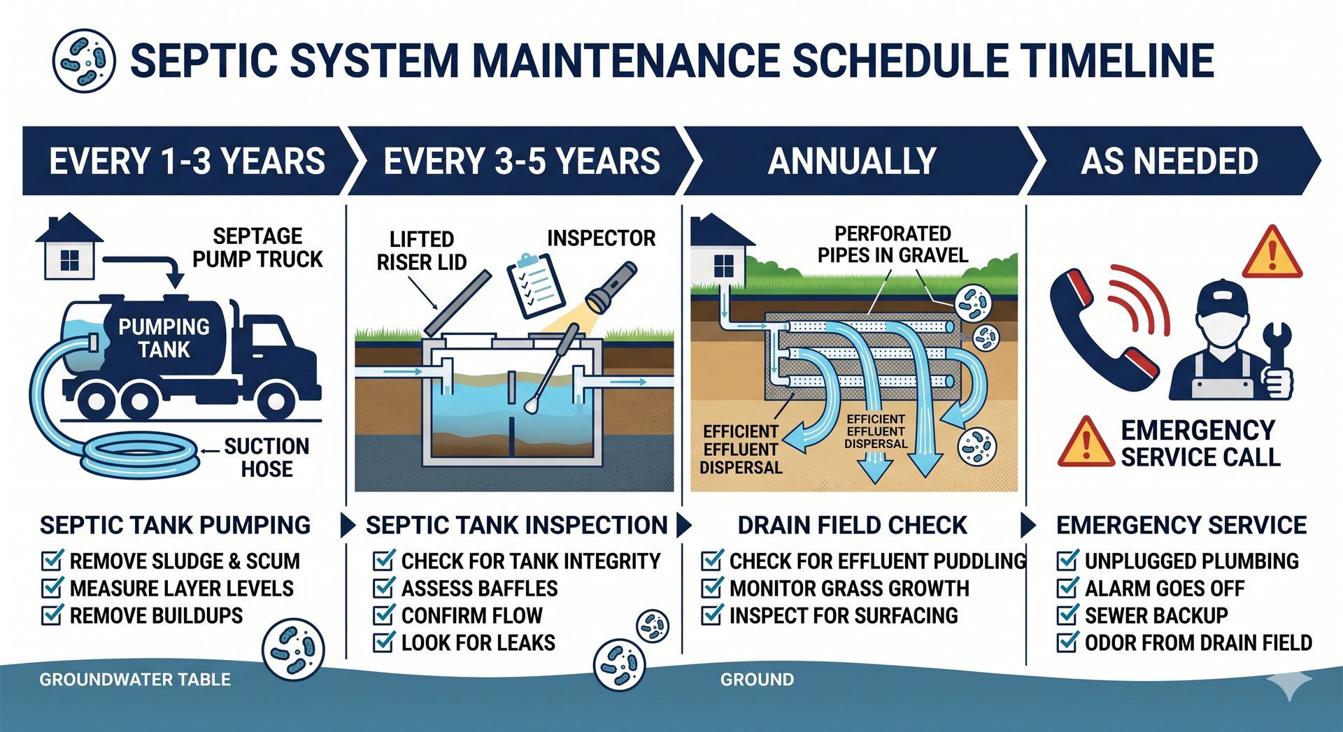 Septic system maintenance timeline with pumping, inspections, cleaning filters, and emergency service icons