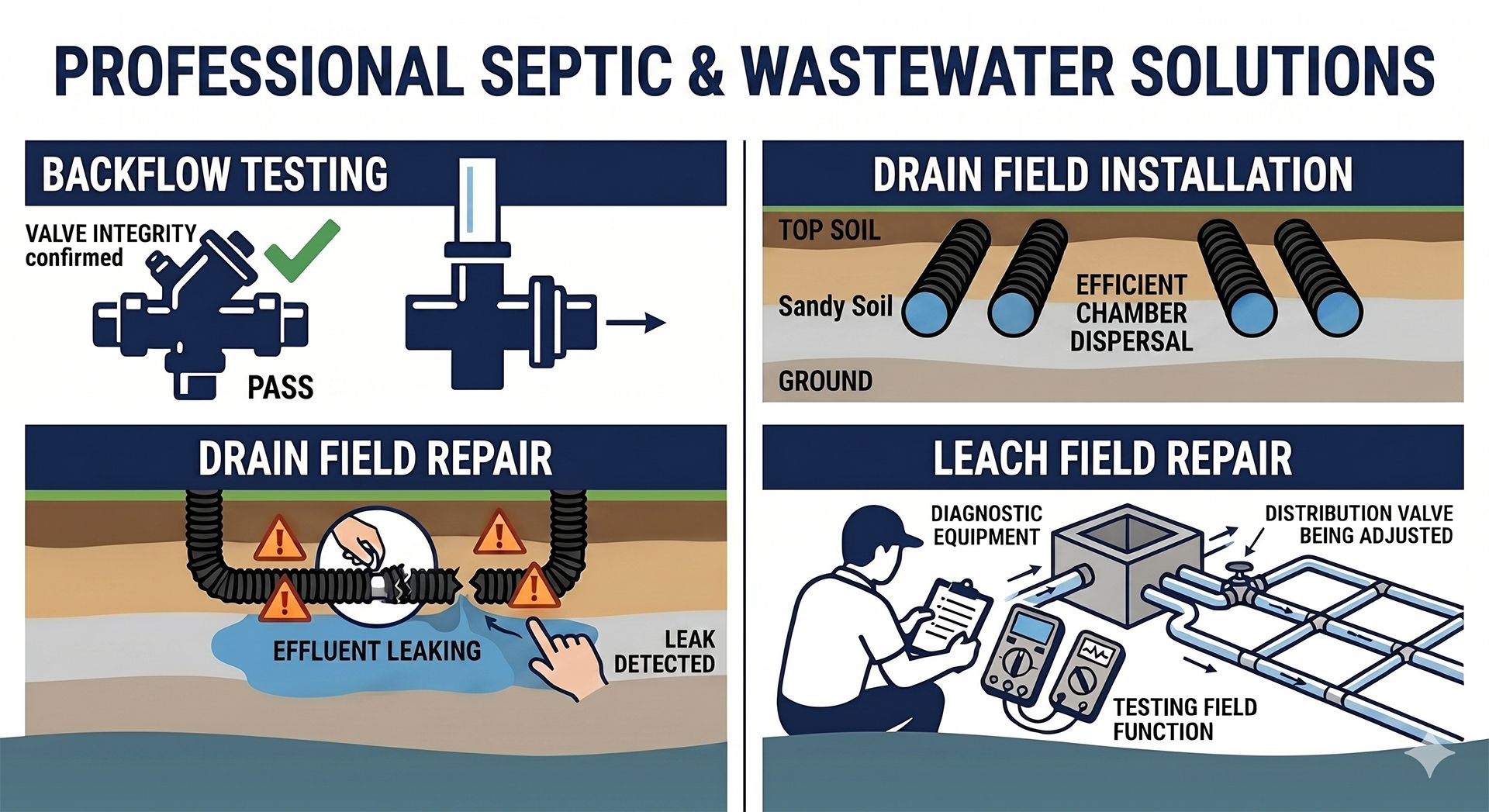 Septic service infographic showing backflow testing, drain field installation, repair, and leach field repair.