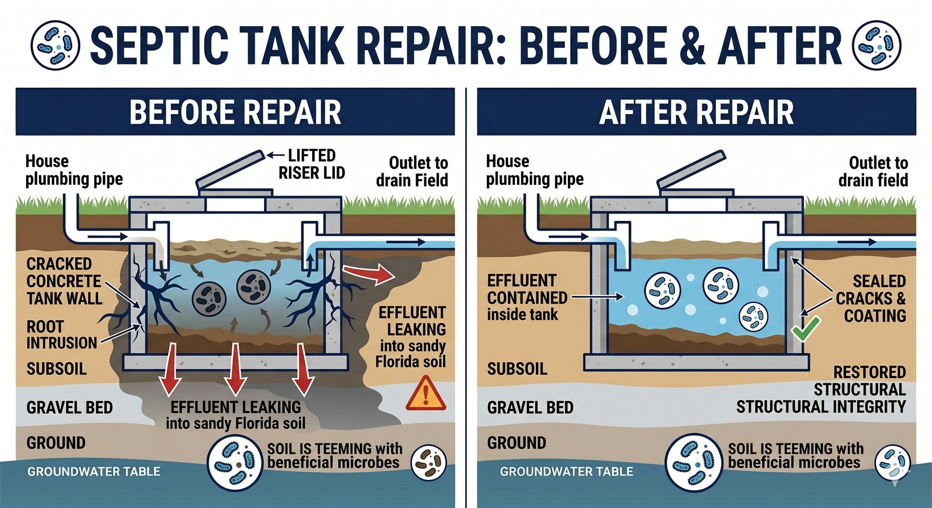 Infographic comparing before and after septic tank repair with labeled tank diagrams and callouts.