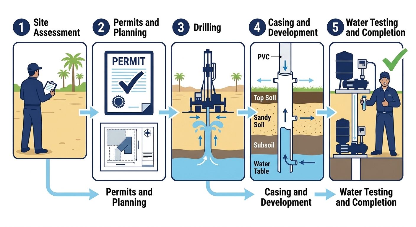 Five-step water well drilling process diagram from site assessment to water testing and completion