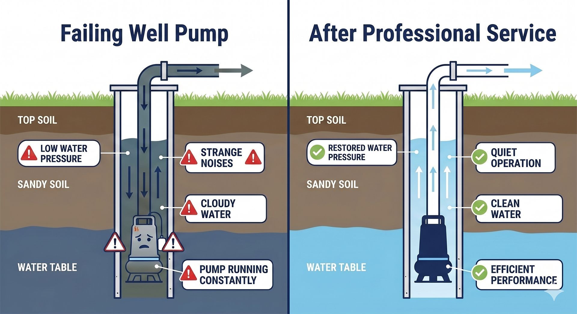 Side-by-side well pump diagram: failing pump in gray vs professional service in blue with clean, fixed components