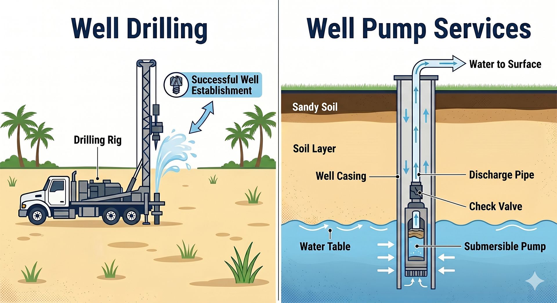 Infographic of well drilling and pump services with labeled underground layers and drilling equipment.
