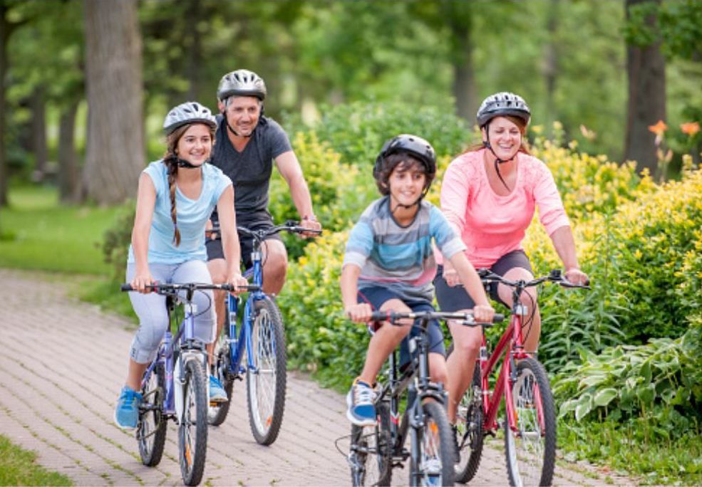 A family is riding bicycles down a path in a park.