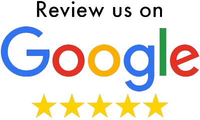 Review us on Google text above the Google logo and five yellow five-pointed stars.