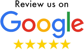 Review us on Google text above the Google logo and five yellow five-pointed stars.