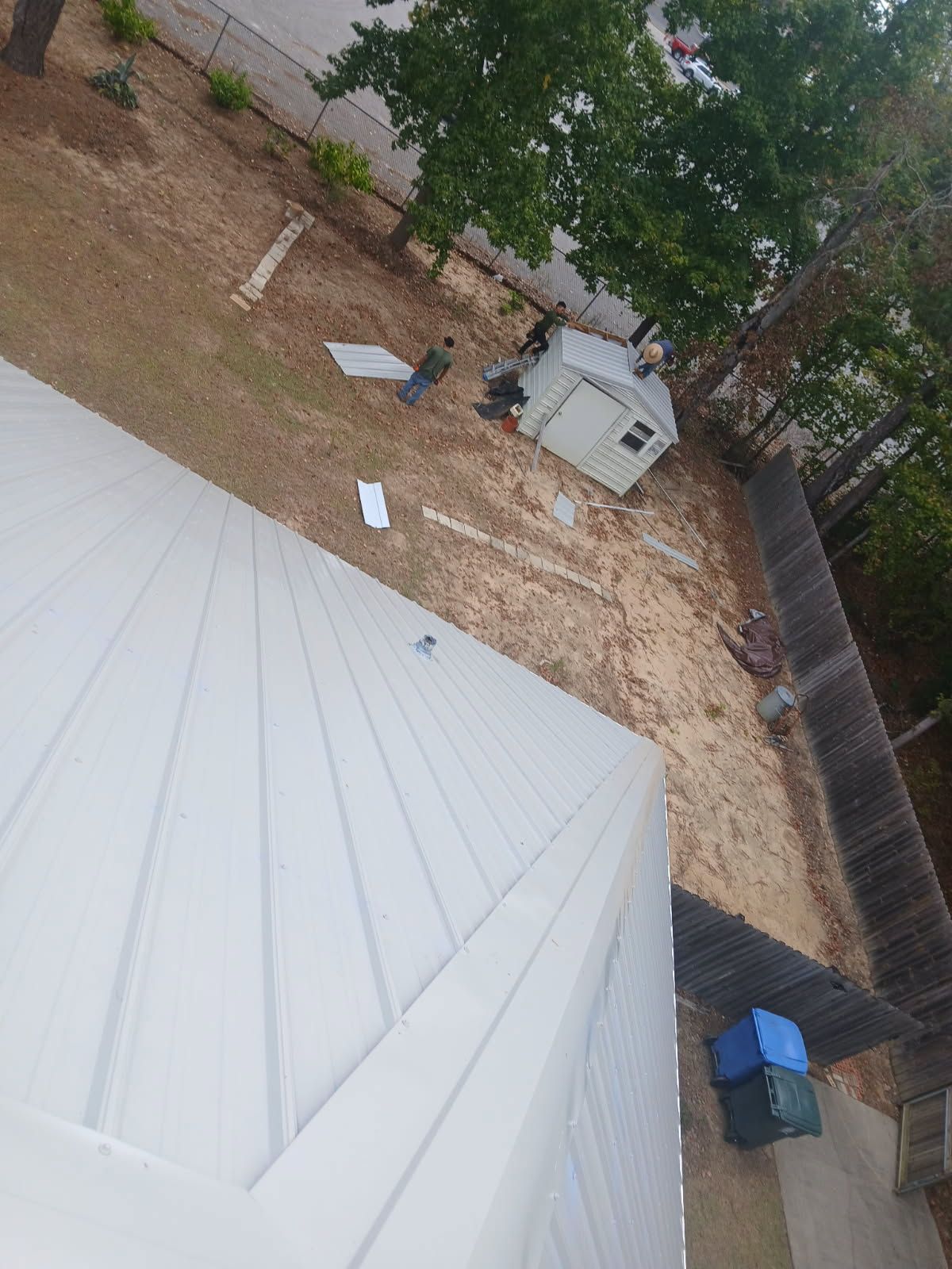 White metal roof, backyard scene with shed, trees, and two people working.