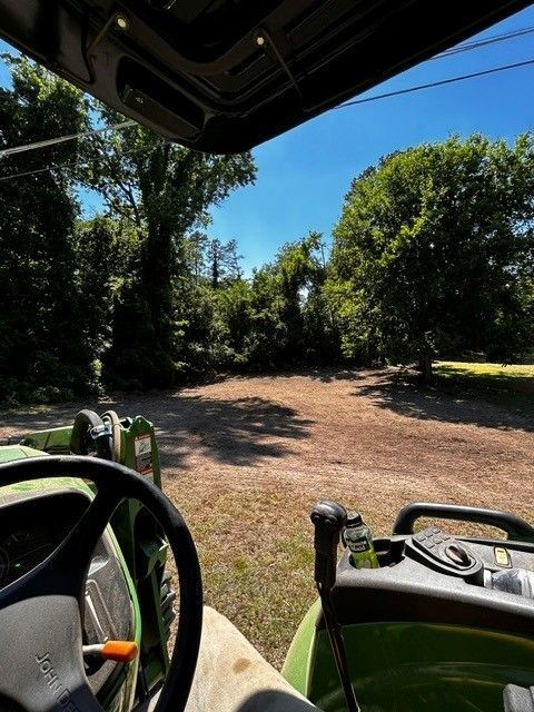 View from a golf cart on a dirt path in a sunny, tree-lined wooded area