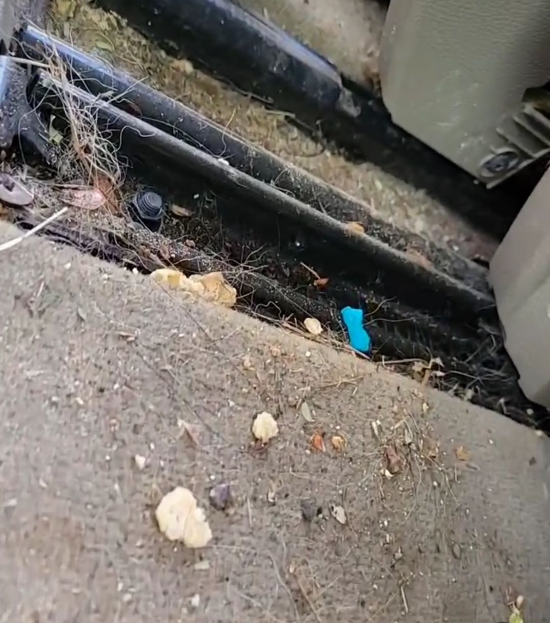 a close-up of the inside of a car with a lot of trash on the floor 