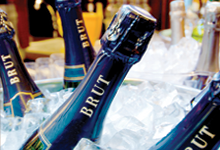 Close up of wine bottles in an ice bucket