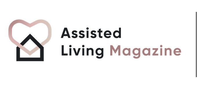 A logo for assisted living magazine with a heart and a house.