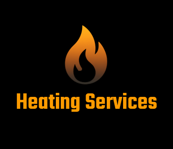 A logo for heating services with a flame on a black background