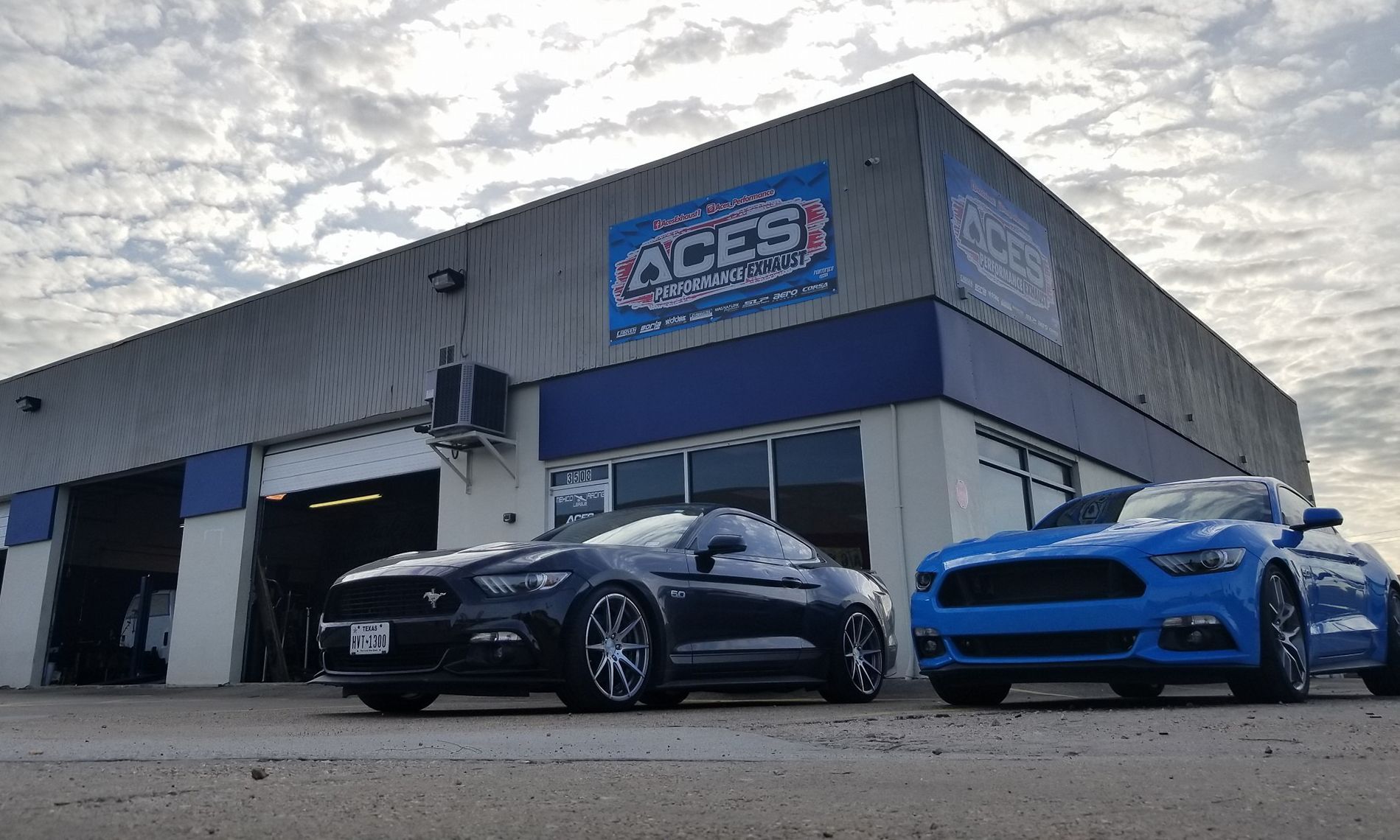 Two mustangs are parked in front of a building.