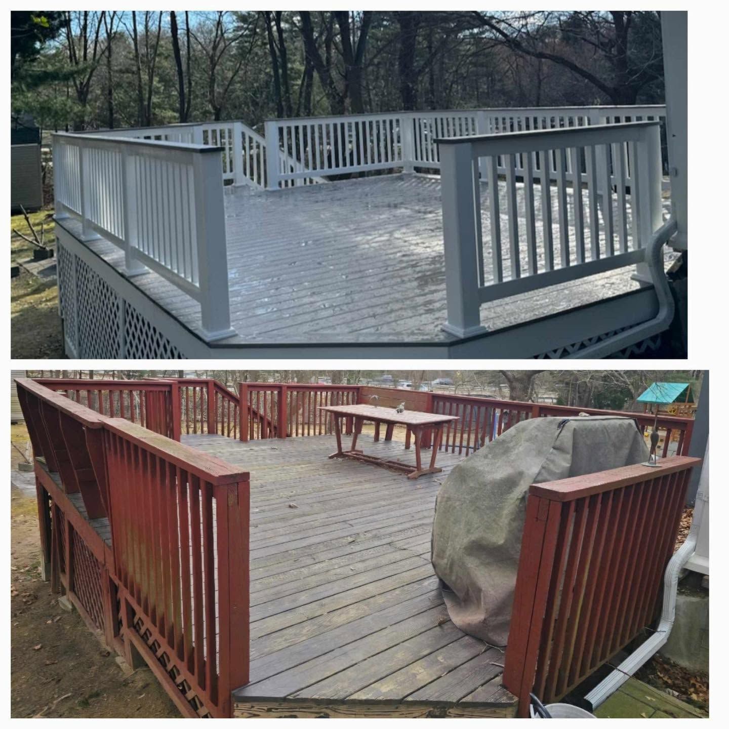 Gray house deck with white lattice skirting and railing beside a backyard patio.