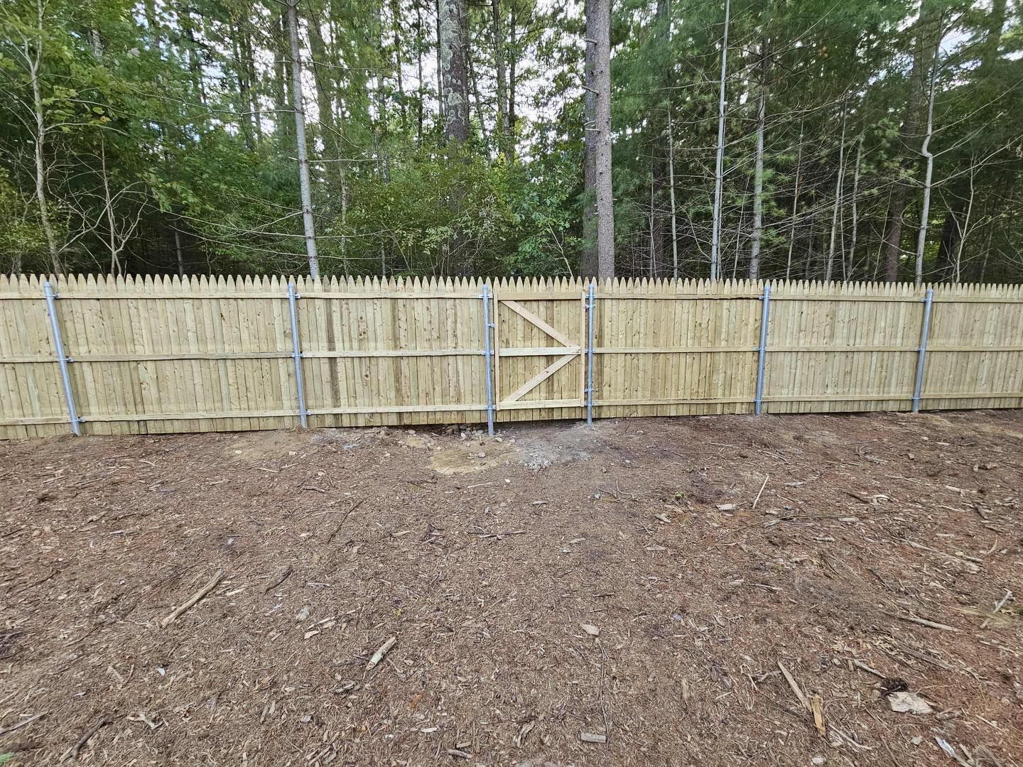 New bamboo fence with a wooden gate beside a wooded yard