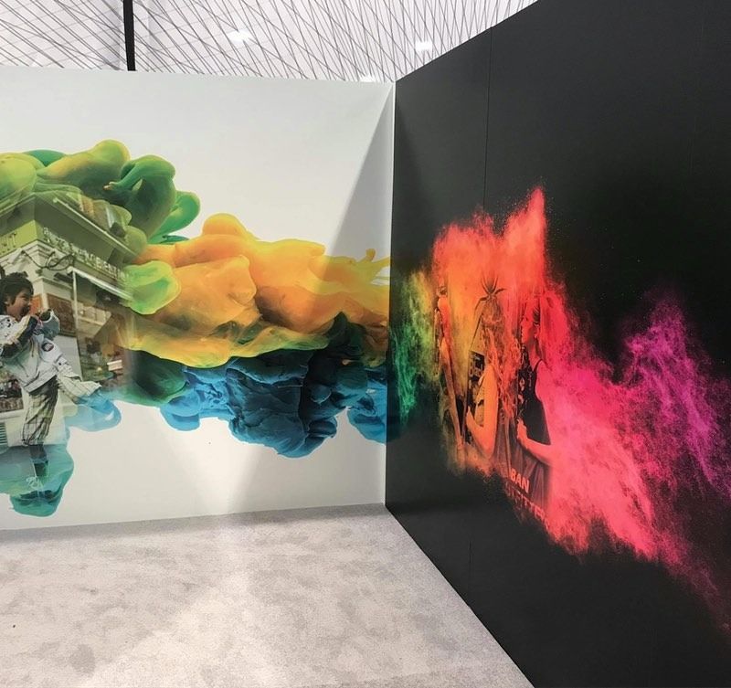 Two panels showcasing colorful abstract cloud-like designs. One panel is on a white background, the other on black.