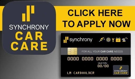 Synchrony Car Care ad with yellow Click Here to Apply Now banner and black card graphic on dark background