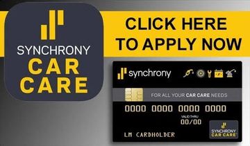 Synchrony Car Care ad with yellow Click Here to Apply Now banner and black card graphic on dark background