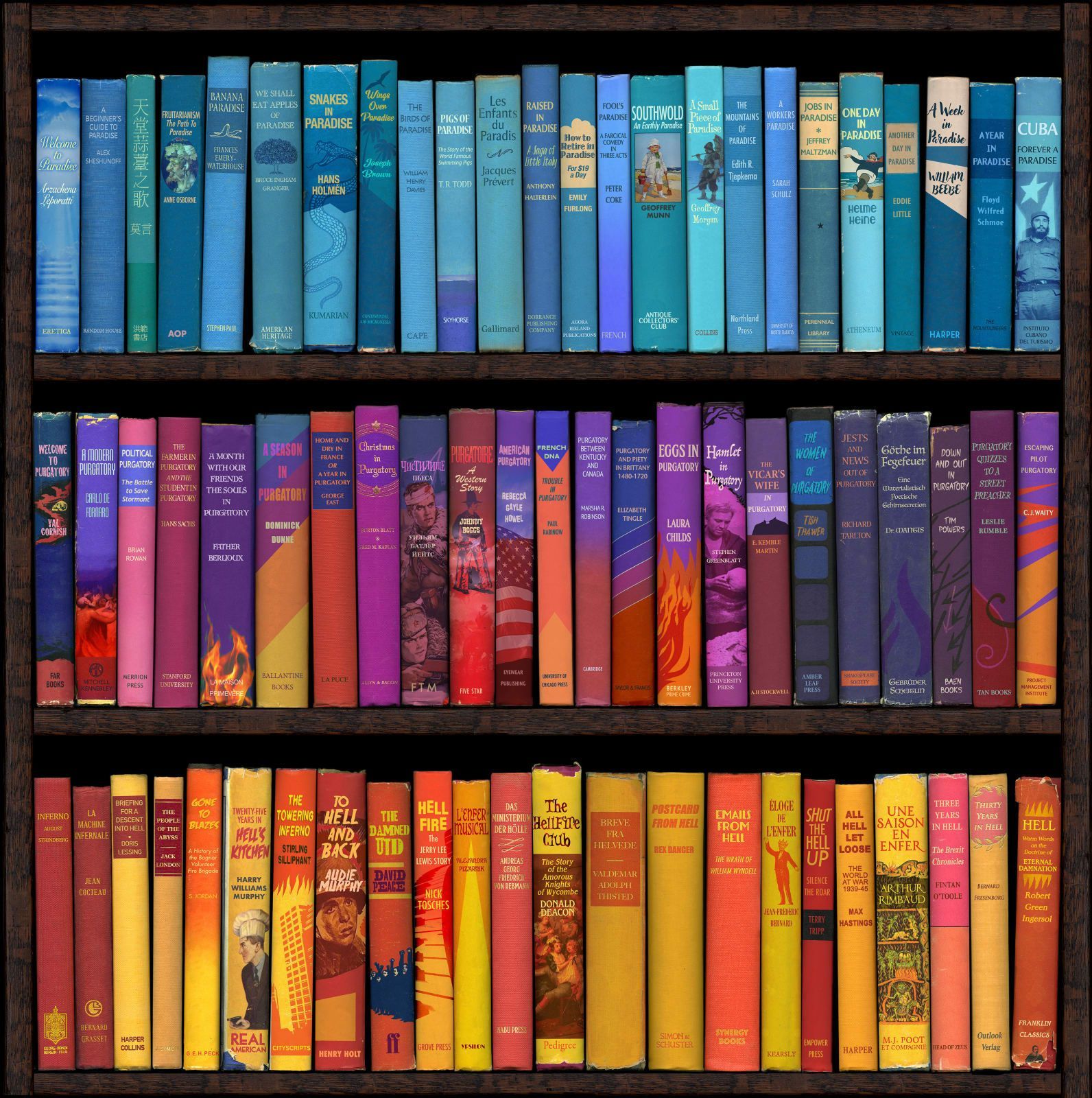 Bookshelves filled with books in shades of blue, purple, and orange.