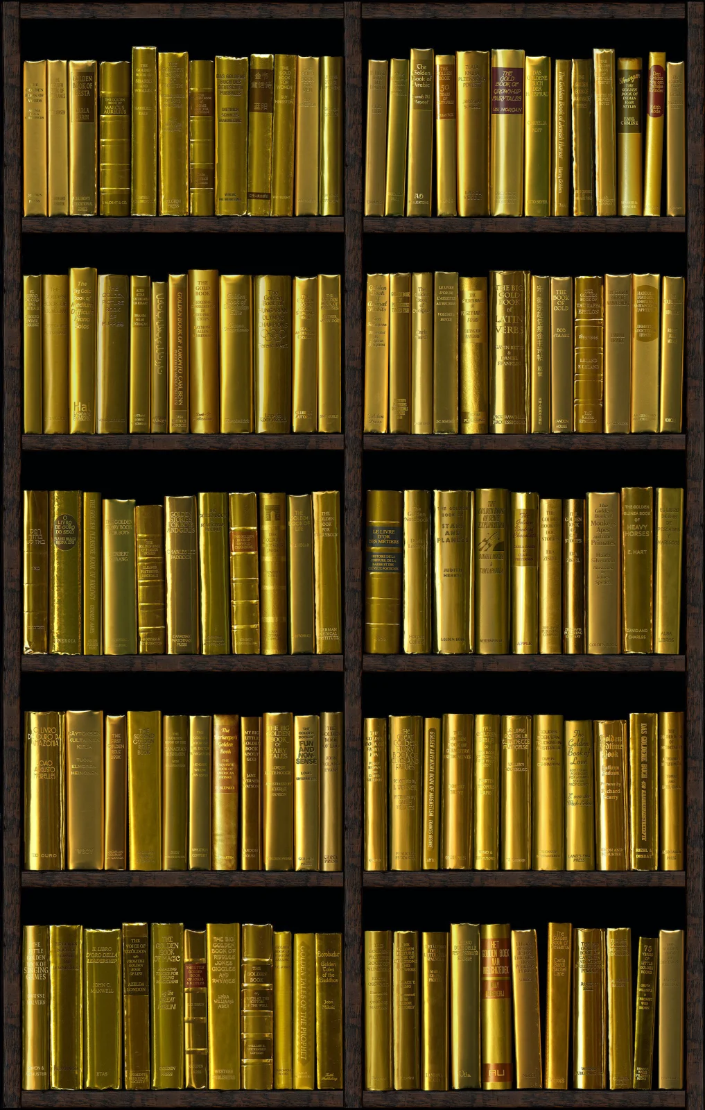 Bookshelves filled with rows of yellow-gold books in a dark brown wooden bookcase.