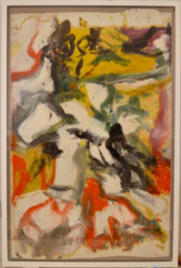 Abstract painting with red, yellow, black, and white colors; brush strokes and splashes.