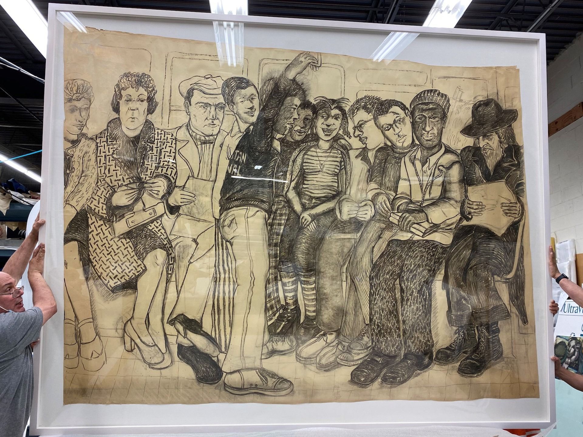 People in a crowded room, depicted in a monochrome sketch framed in a white case.