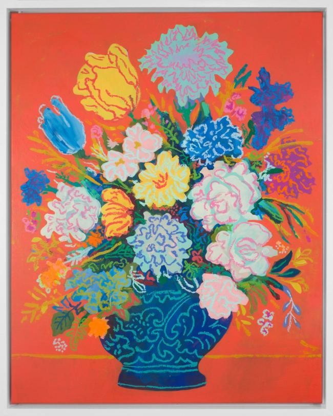 Vibrant floral arrangement in a blue vase against a red background, featuring yellow, blue, and white blossoms.