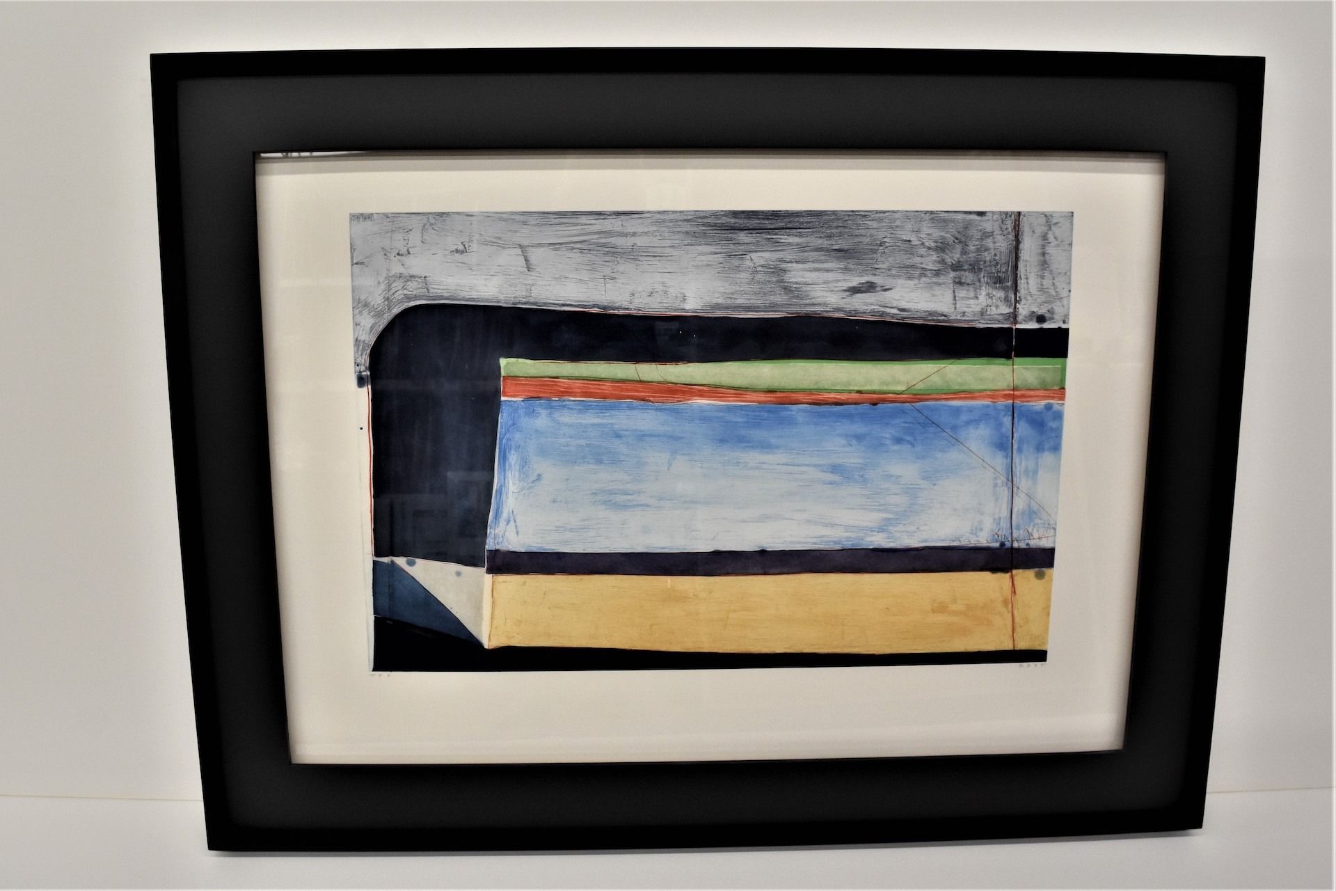 Abstract art, framed in black, features horizontal bands of gray, green, blue, and yellow.