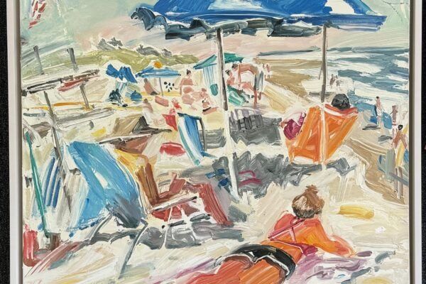 Beach scene with colorful umbrellas, beachgoers, ocean waves.