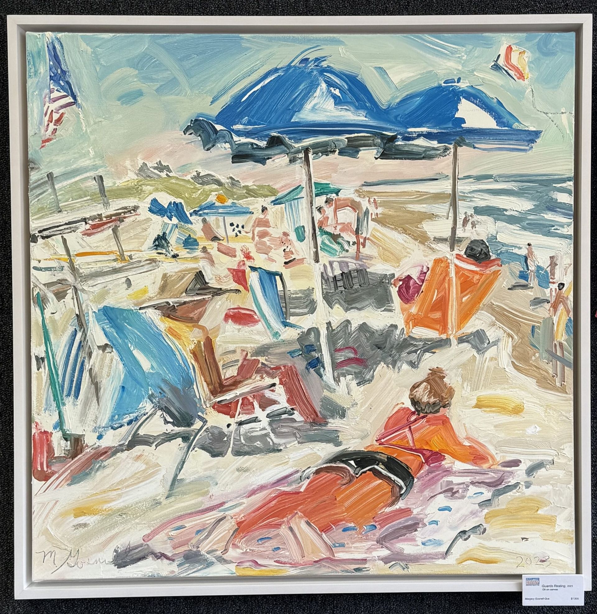 Beach scene with people under umbrellas and on beach towels; colorful and impressionistic style.