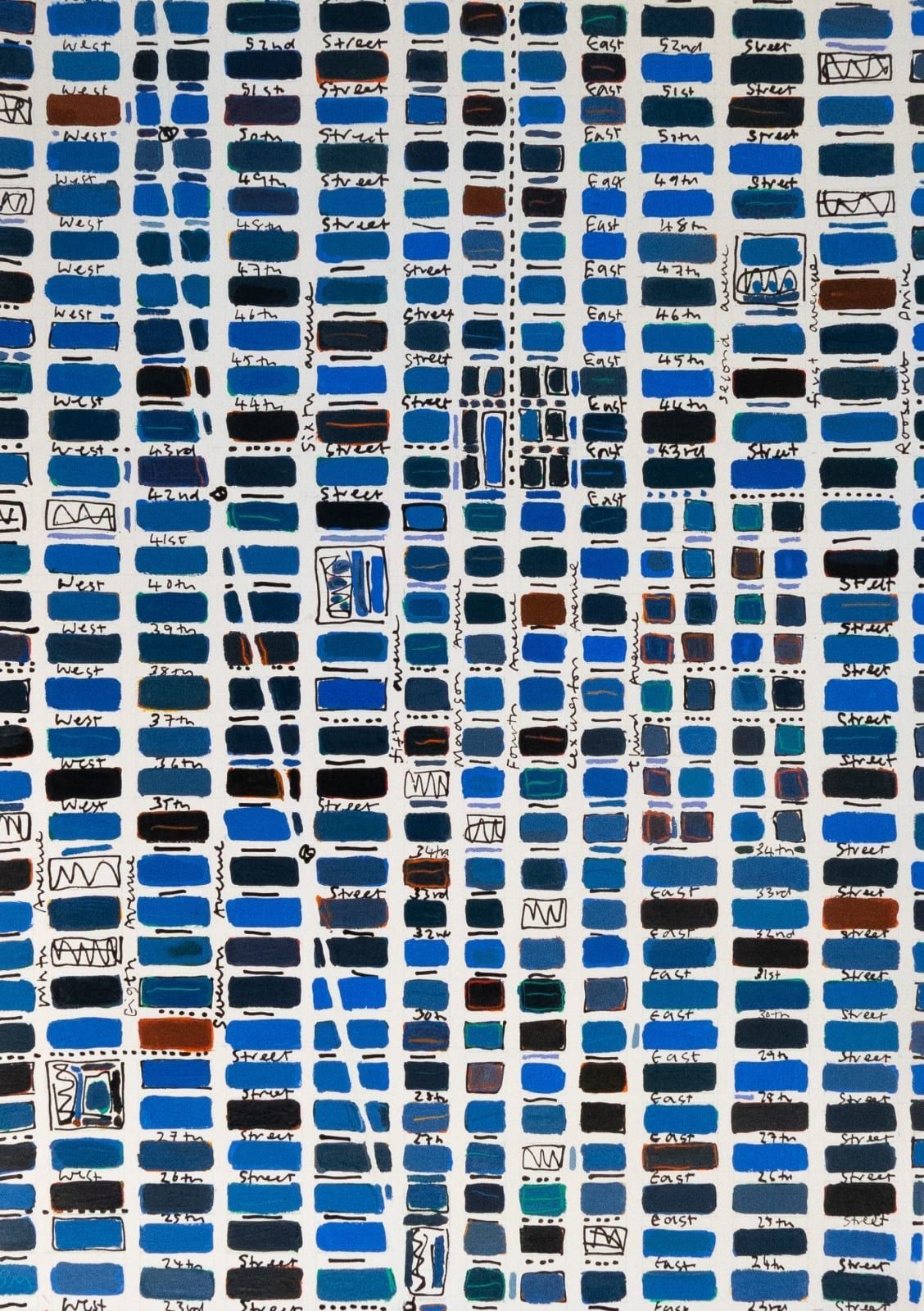 Abstract artwork of blue and brown rectangles on a white grid, with white diagonal lines.